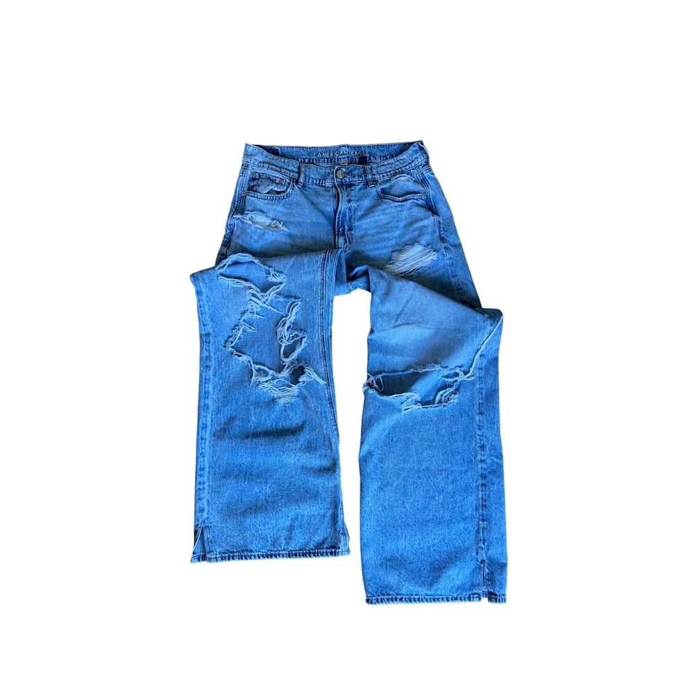 American Eagle Super High Rise Baggy Wide Leg Ripped Jeans Light Wash 6 Short